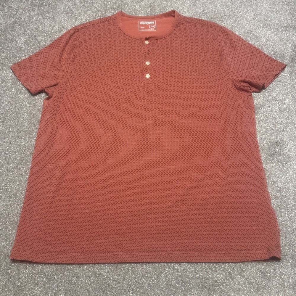 Express Mens XL Geometric Micro Print Henley Graphic Tee Orange Casual Stretch